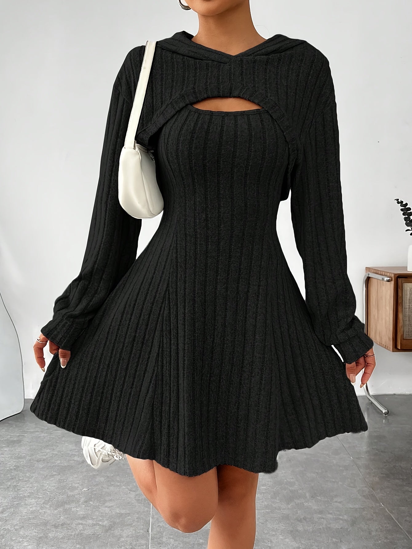 Ribbed Hoodie Shrug &amp; Sleeveless A-line Tank Dress Set