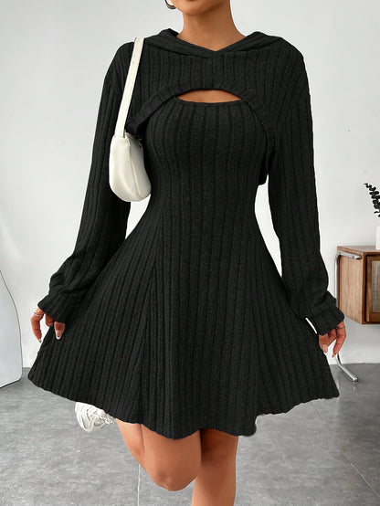 Ribbed Hoodie Shrug & Sleeveless A-line Tank Dress Set