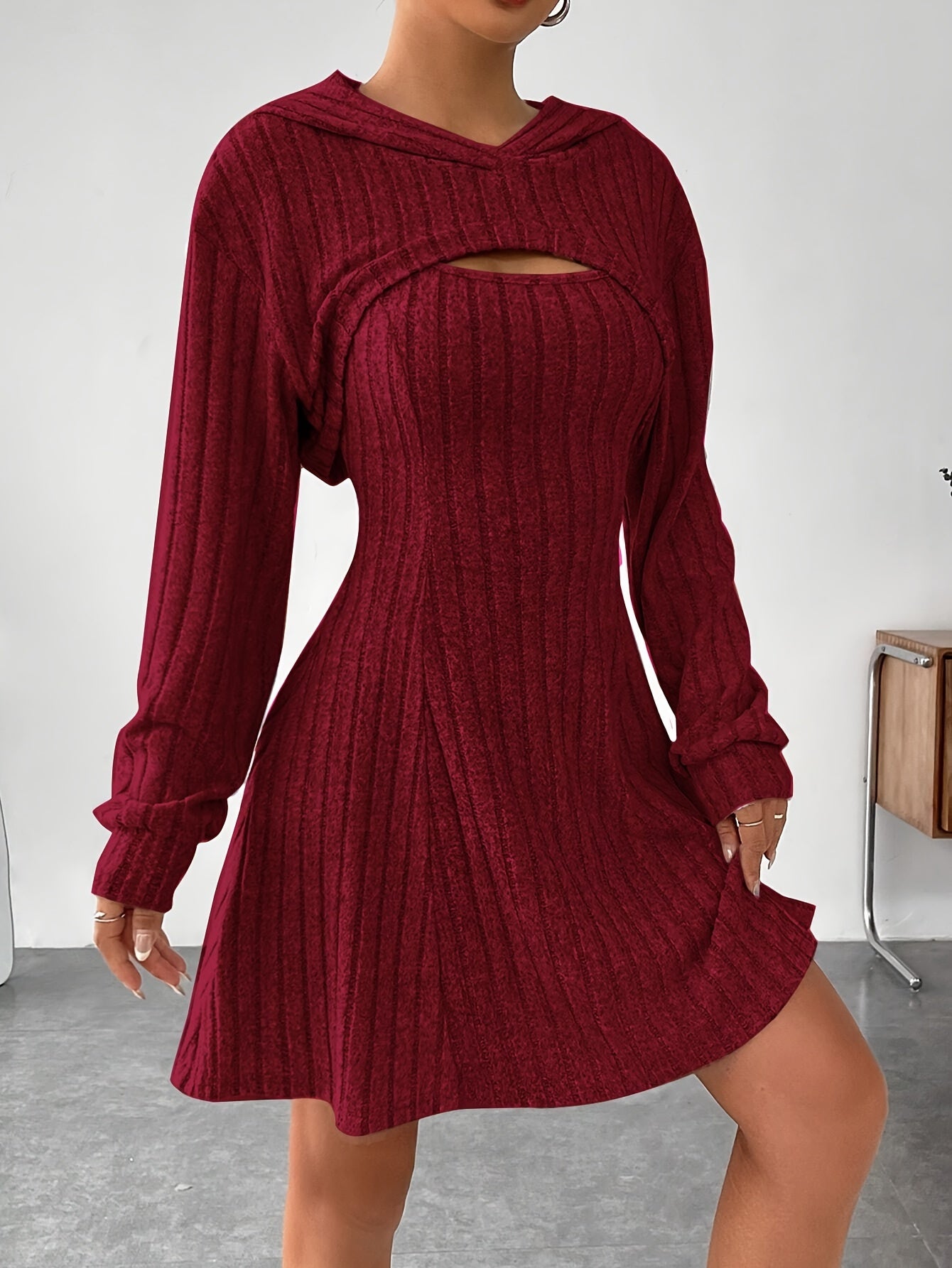 Ribbed Hoodie Shrug & Sleeveless A-line Tank Dress Set