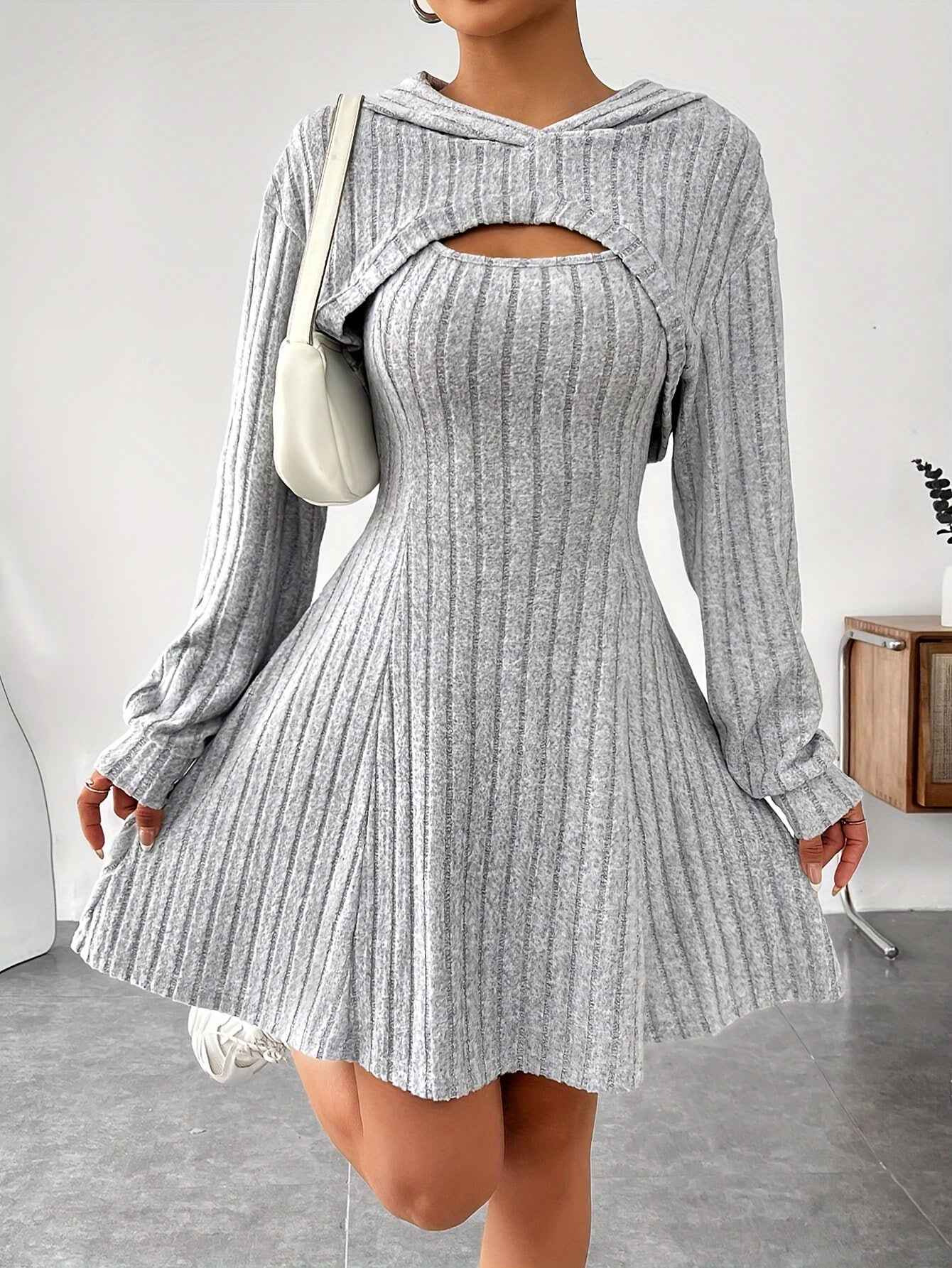 Ribbed Hoodie Shrug & Sleeveless A-line Tank Dress Set