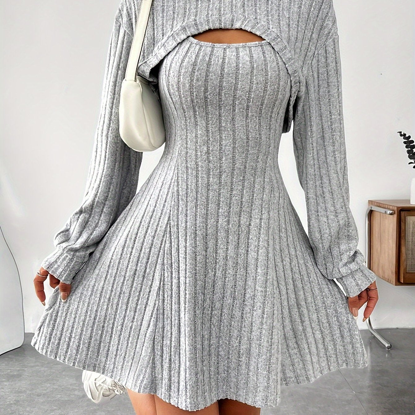 Ribbed Hoodie Shrug & Sleeveless A-line Tank Dress Set