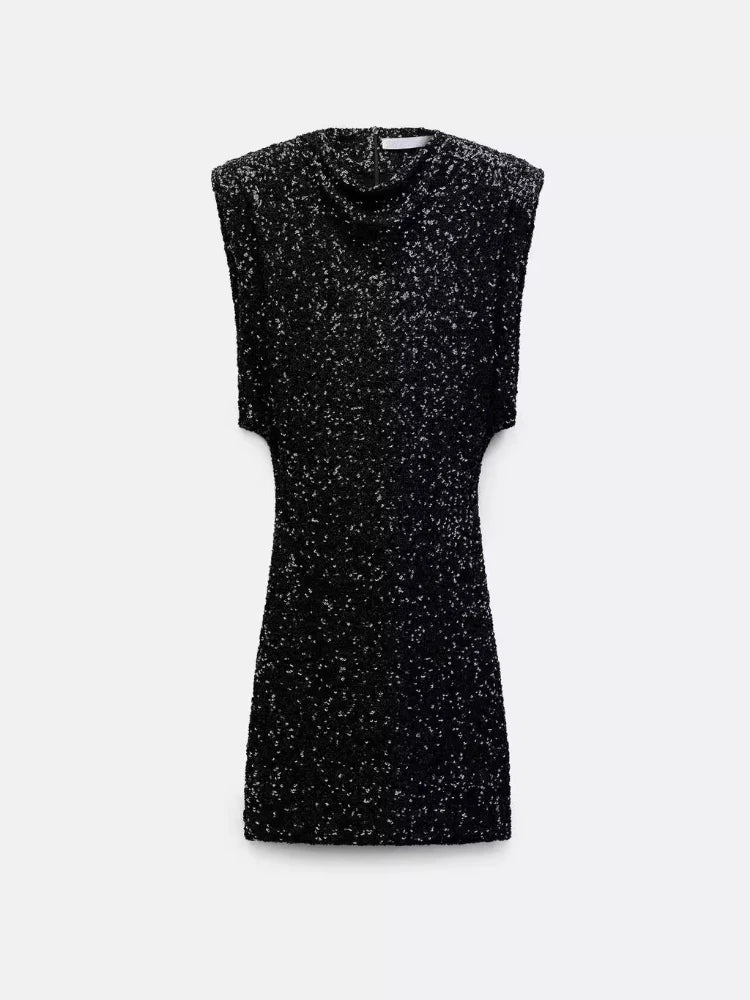 ZBZA Women's Shoulder Padded Sequin Dress – Effortless Elegance for Any Occasion