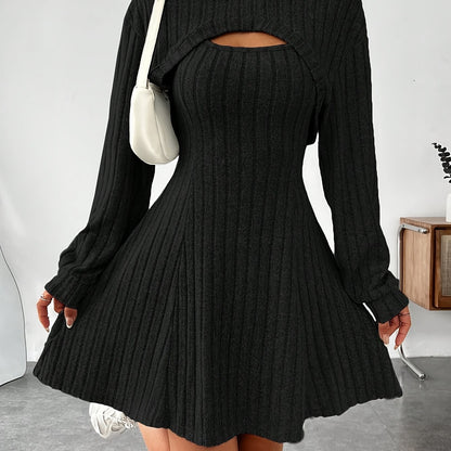 Ribbed Hoodie Shrug & Sleeveless A-line Tank Dress Set