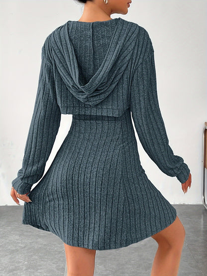 Ribbed Hoodie Shrug &amp; Sleeveless A-line Tank Dress Set