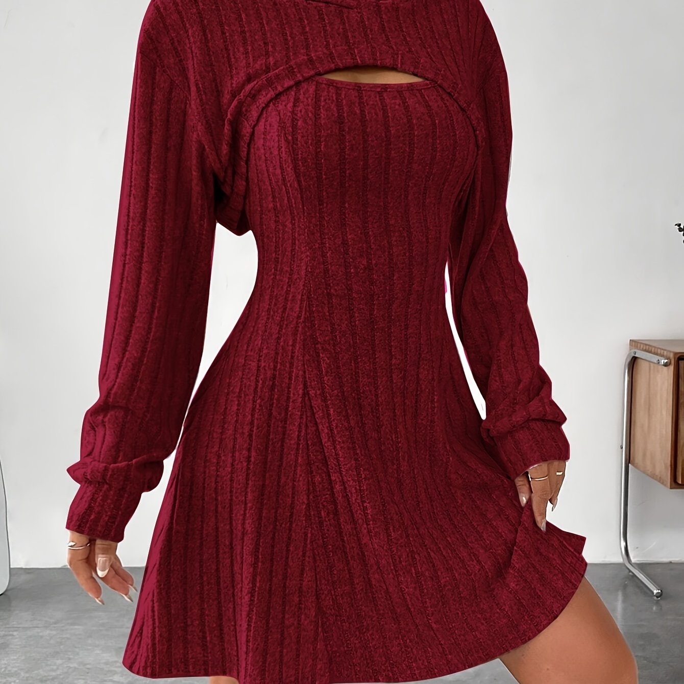 Ribbed Hoodie Shrug &amp; Sleeveless A-line Tank Dress Set